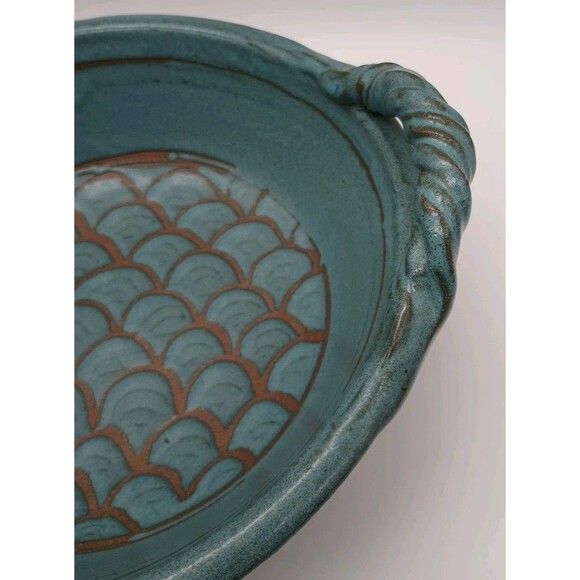 Signed Studio Pottery Bowl With Twisted Handles Teal Blue Fishscale Design - Picture 4 of 9